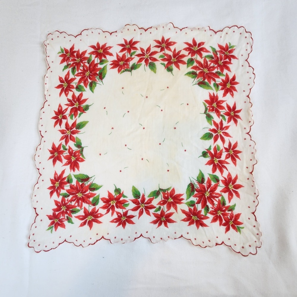 VTG Christmas‎ Handkerchief 14" Square Poinsettias Scalloped Edged  Red Green